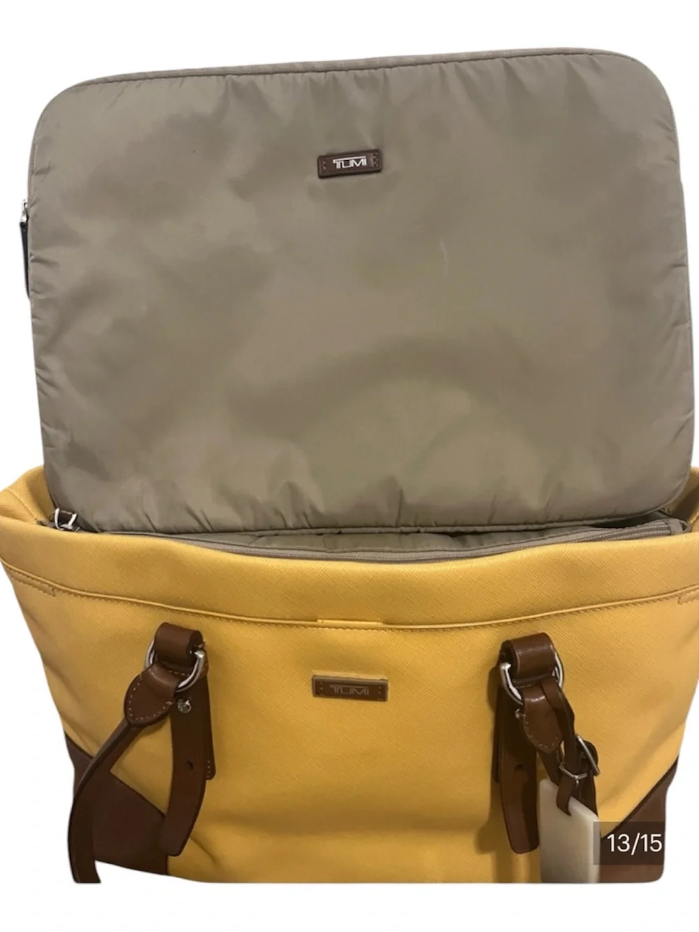 Tumi Yellow Tote with Tan Leather Pull and Silver Hardware